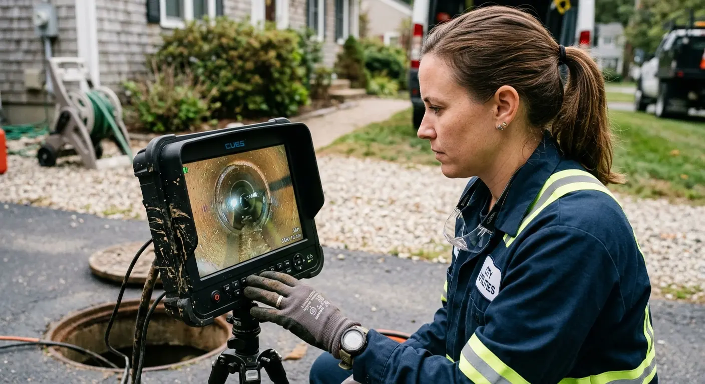Technician reviewing sewer camera inspection footage in Fair Oaks