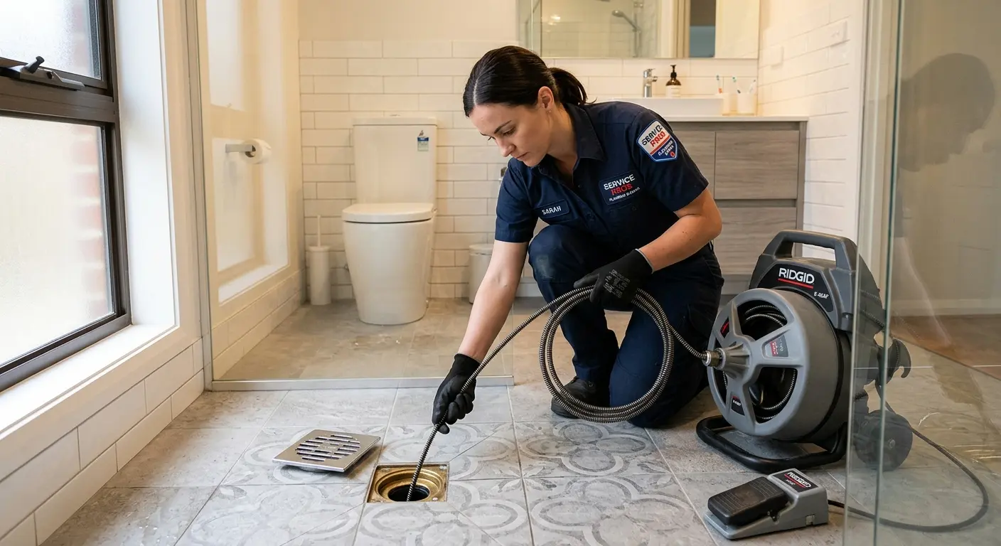 Technician clearing a bathroom floor drain for Clogged Drain Repair in Fair Oaks